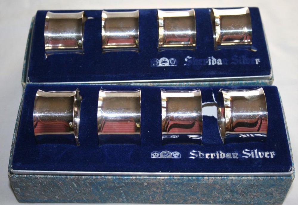 8 Sheridan Silver Tauton Vtg Silverplate Napkin Rings in Original Boxes #2987