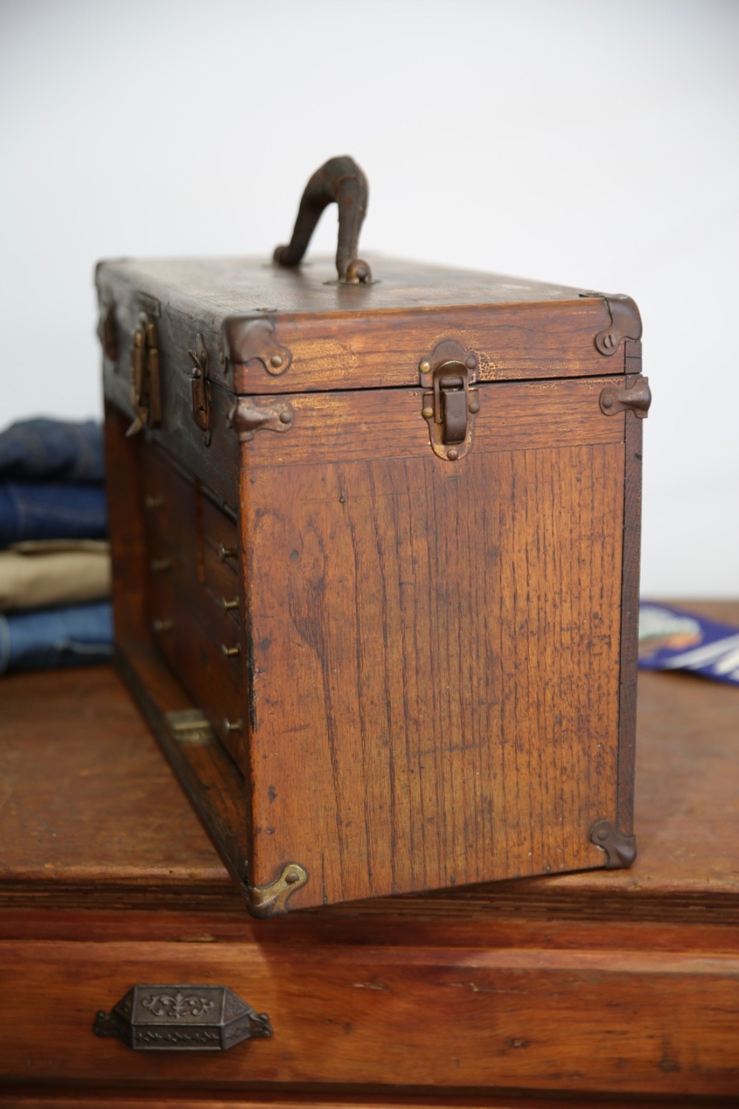 Antique Machinist Tool Box oak chest Wood Jewelry box 7 Drawer Vintage case