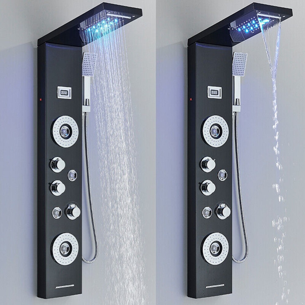 LED Shower Panel Tower System Brushed Black with Handle Massage Jet