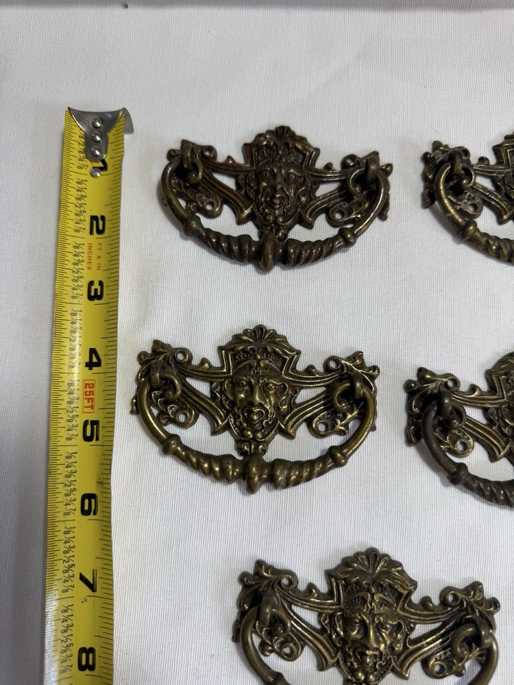 10 Rare Gothic Victorian Devil Face Brass Bail Drawer Pulls (8 Large & 2 Small)
