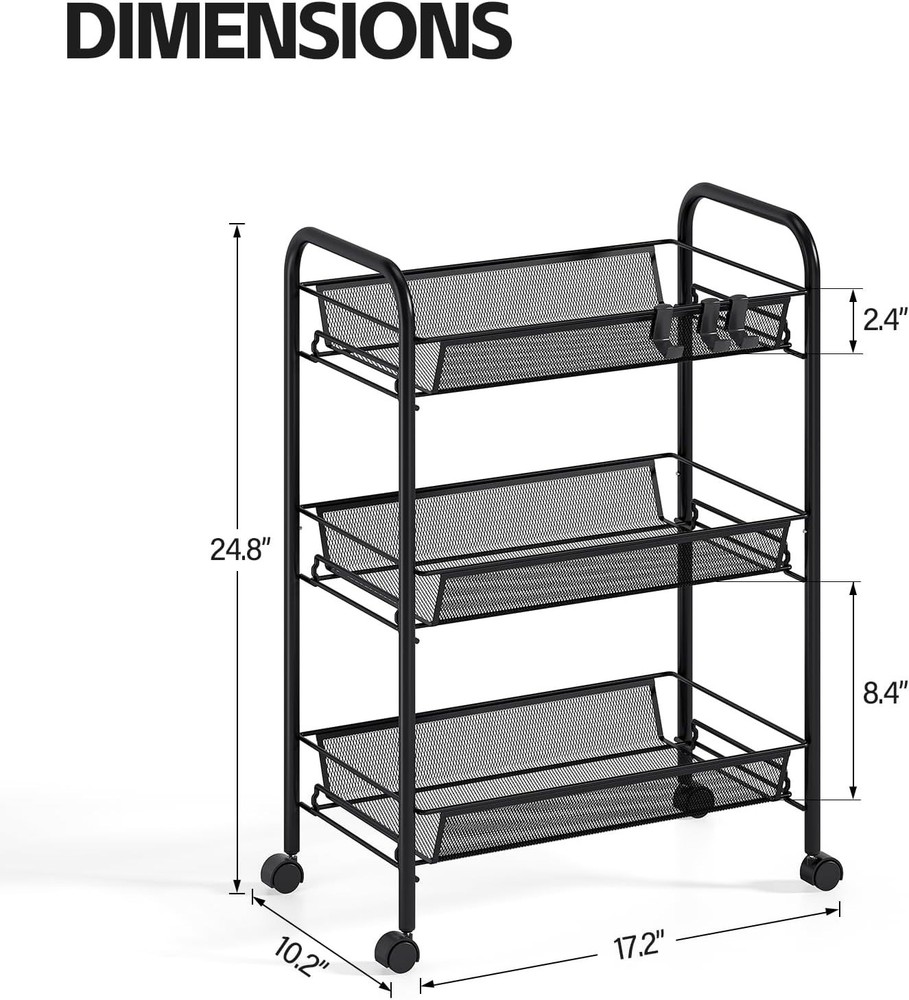 Versatile 3-Tier Rolling Utility Trolley - Space-Efficient Organizer with Hooks