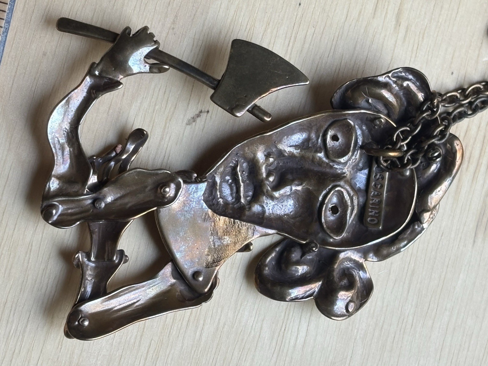 Boscarino Bronze Pendant Articulated Man Axe Artisan Necklace Tribal Signed VTG
