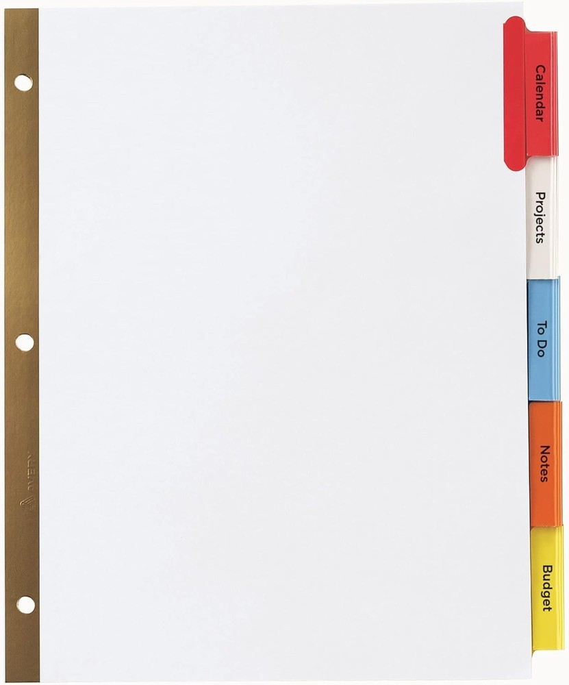 5-Tab Binder Dividers, Insertable Multicolor Big Tabs, 1 Set (11121)
