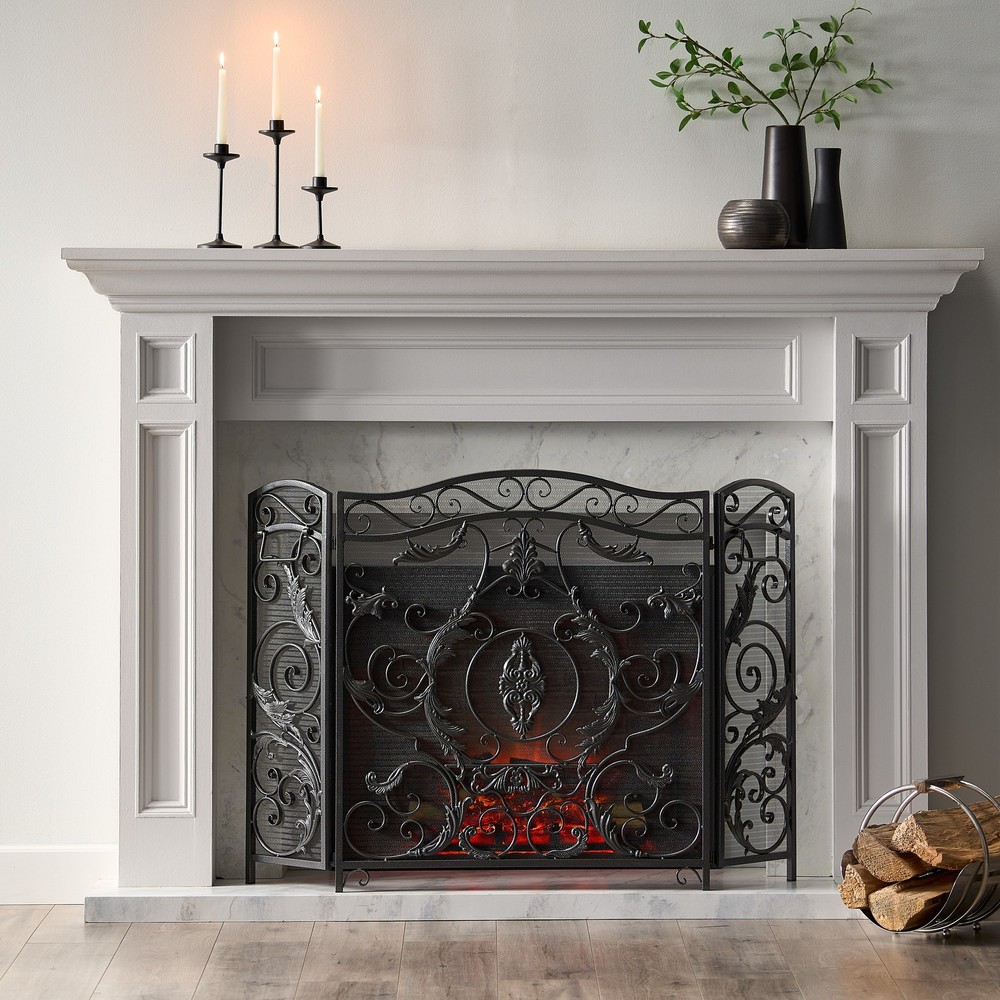 Vintage 3 Panel Fireplace Screen Antique Traditional Scroll Decorative Screen