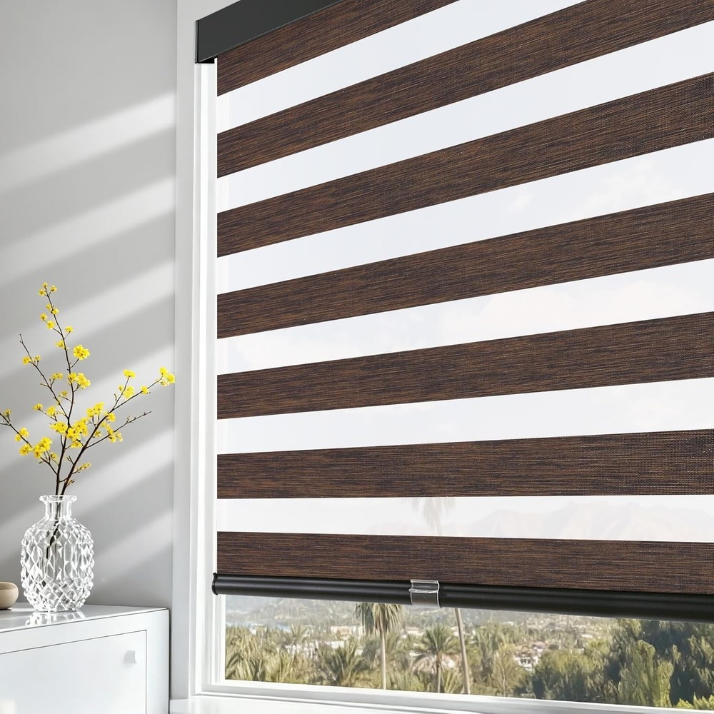 Cordless Zebra Blinds Windows Pull Down Roller Window Shades Dual Layer Light