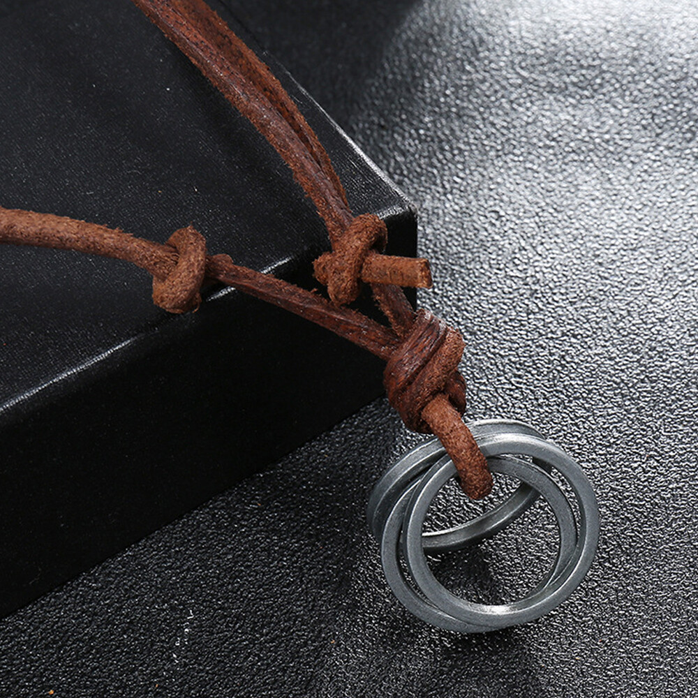 Retro Metal Rings Pendant Genuine Leather Surfer Choker Long Necklace Brown Mens