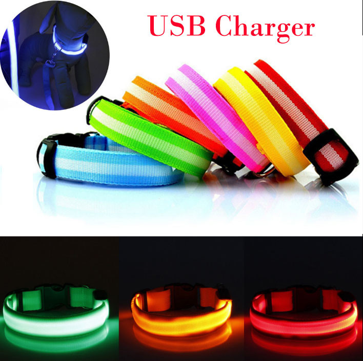 RECHARGEABLE USB LED Dog Pet Light Up Safety Collar Night Glow Adjustable Bright