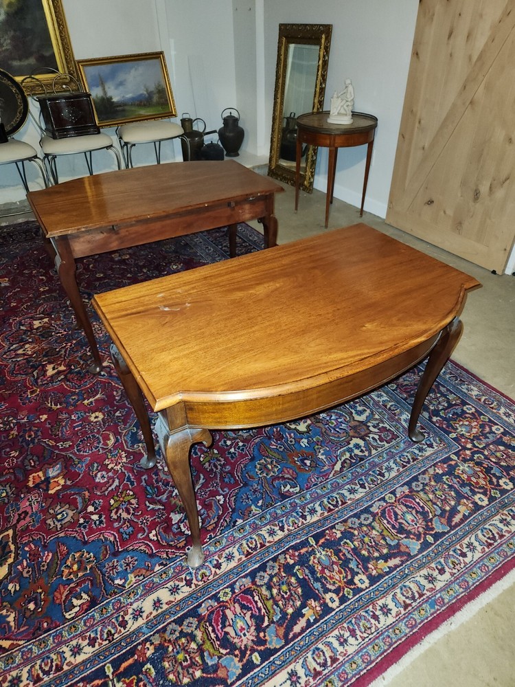 Matched PAIR (2) Solid Mahogany Queen Anne Style End Tables with Leaf for Dining