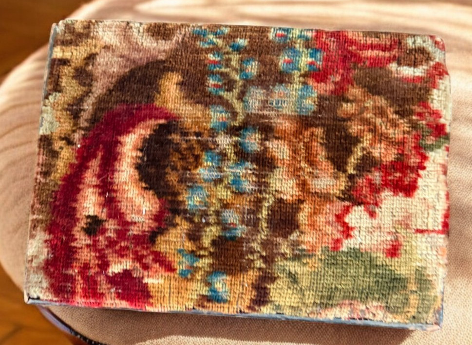 Vintage Floral Tapestry Footstool Wood Base Ottoman Inlaid bird eagle