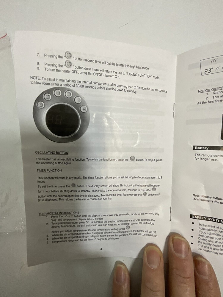 Westpointe Ceramic Heater Remote Control With Instruction Manual