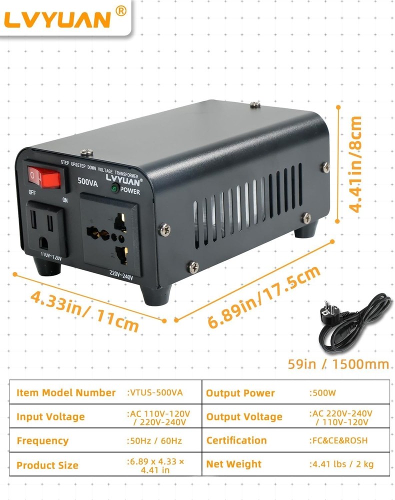 Compact 500W Voltage Converter: Step Up/Down Transformer for Low-Power Devices