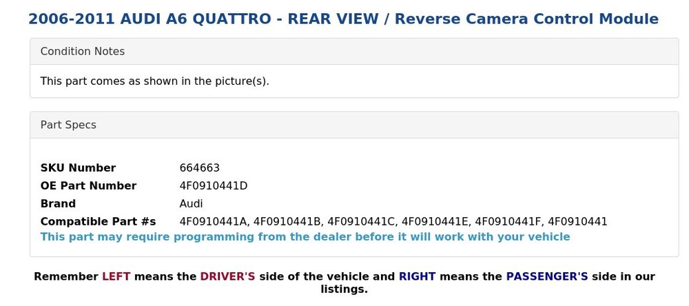 2006-2011 AUDI A6 QUATTRO - REAR VIEW / Reverse Camera Control Module