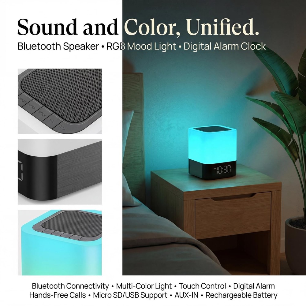 Gallstep Night Lights Bluetooth Speaker, Alarm Clock black or silver