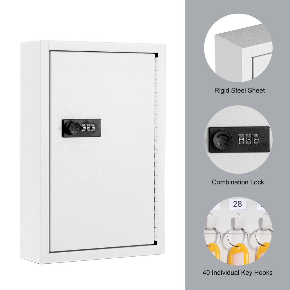 Key Box Wall Mount with Code, Key Cabinet Lock Box for 40 Keys, Metal Key Sto...