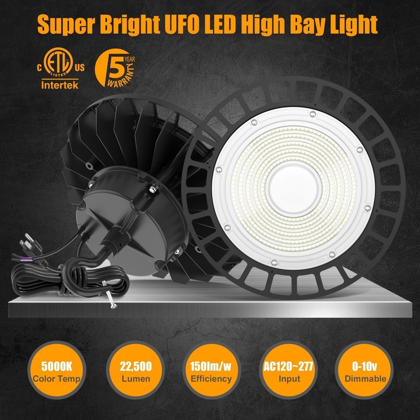 150W UFO LED High Bay Light 5000K 22500LM Factory Warehouse Lamp Dimmable -10PCS