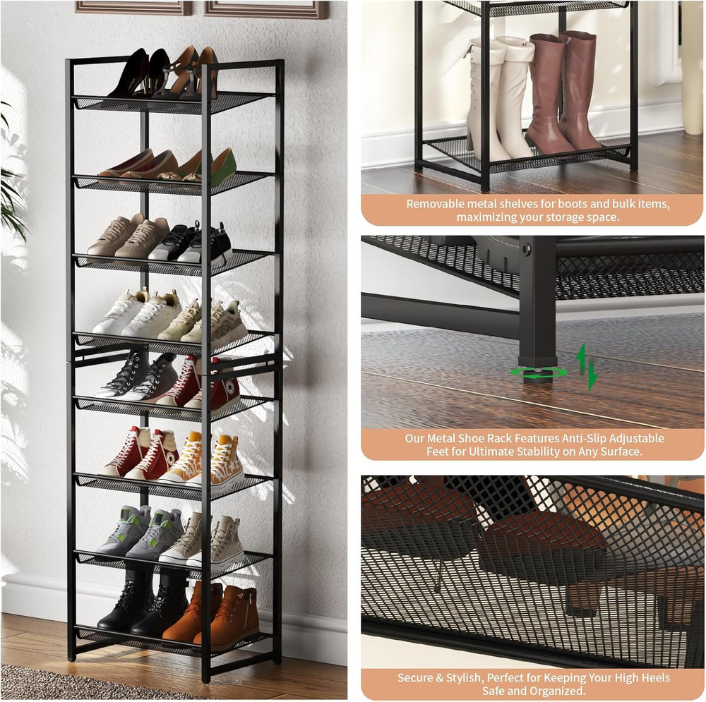 Metal Tall Shoe Rack, 8-Tier Stackable Shoe Shelf, with Adjustable Flat or Angle