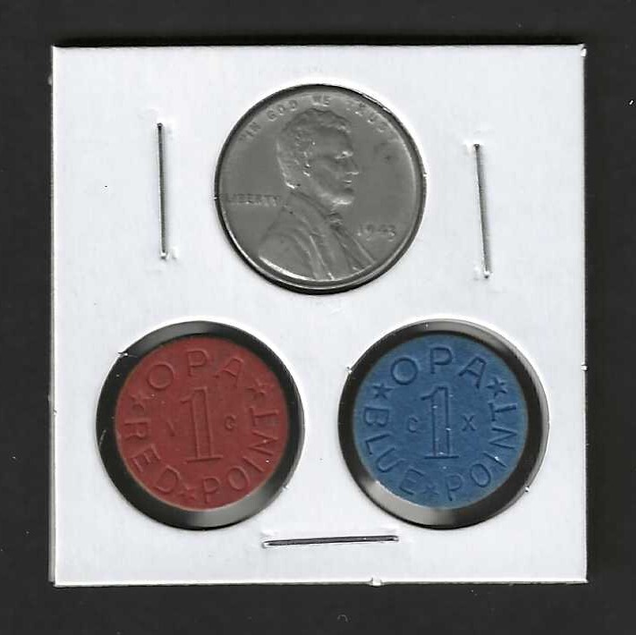 ORIGINAL WWII 1943 STEEL PENNY + BLUE & RED OPA FOOD RATION TOKENS -WORLD WAR II