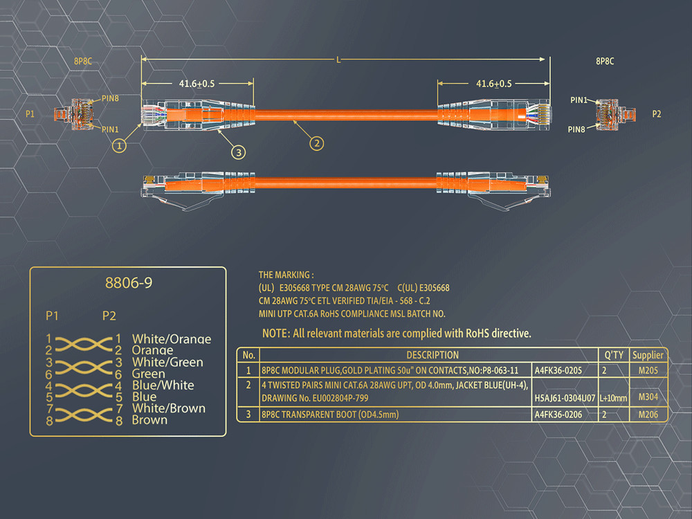 2ft Slim Cat6a 28AWG UTP Ethernet Network Patch Cable, Orange