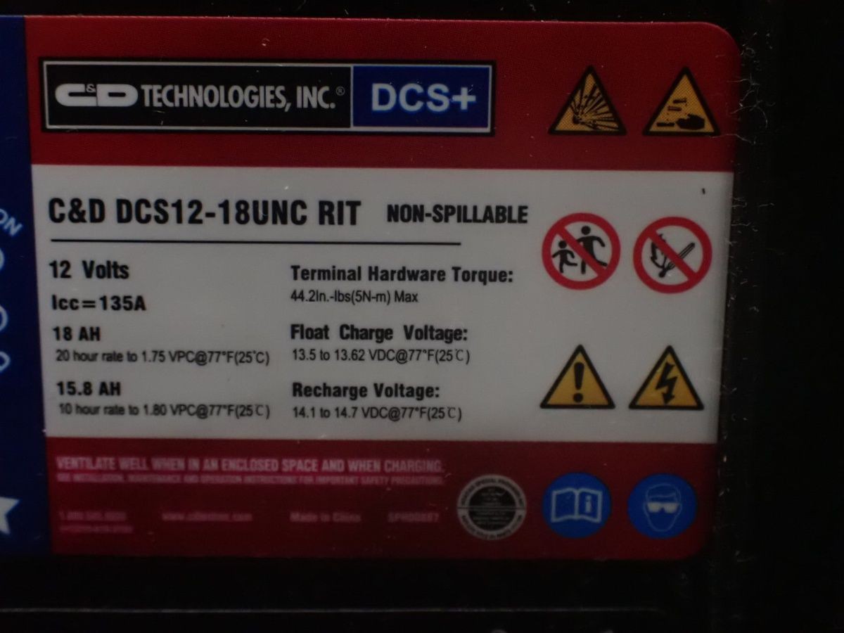 C&D TECHNOLOGIES DCS12-18UNC RIT Deep Cycle Battery, 12V, 18 AH, No Box