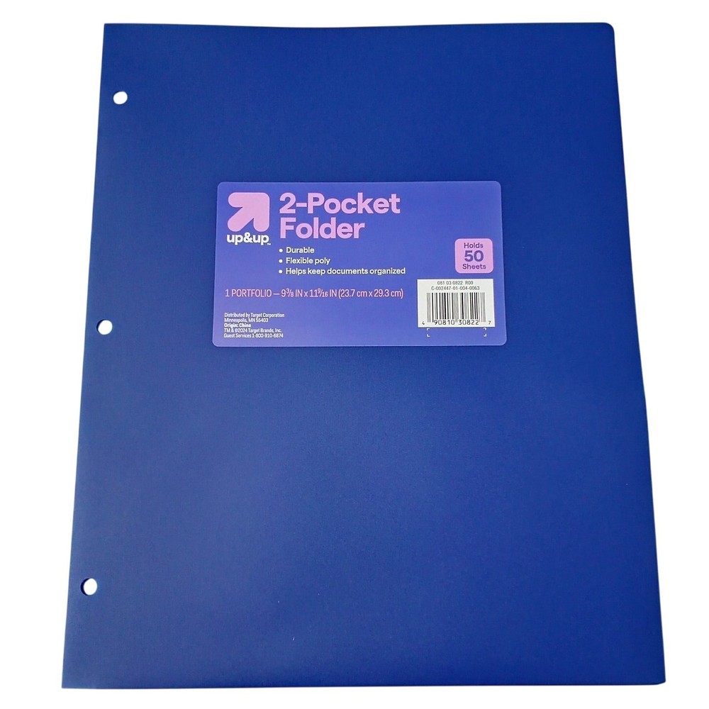 12-Pack - 2‑Pocket 3‑Hole Punch Plastic Folder – Blue – 12‑Pack