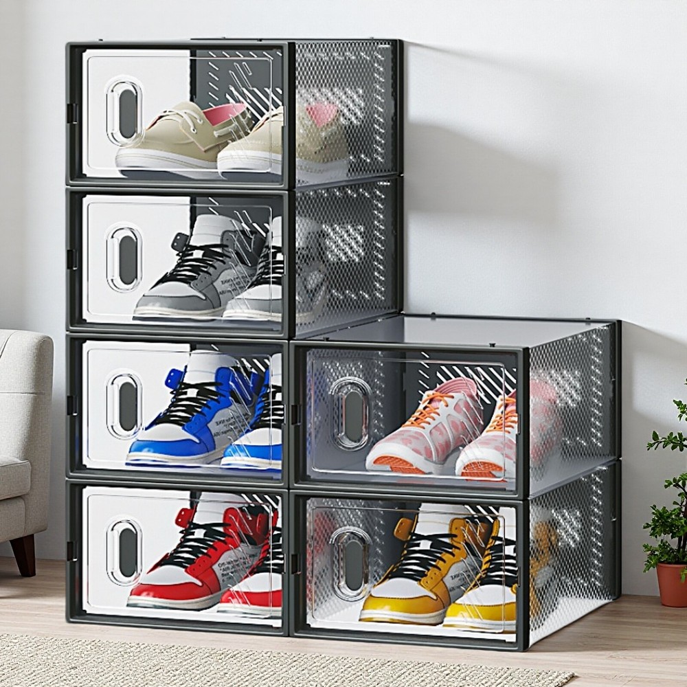 6-Pack Shoe Storage Boxes - Stackable, Plastic Mesh, Door, Black & Small Size