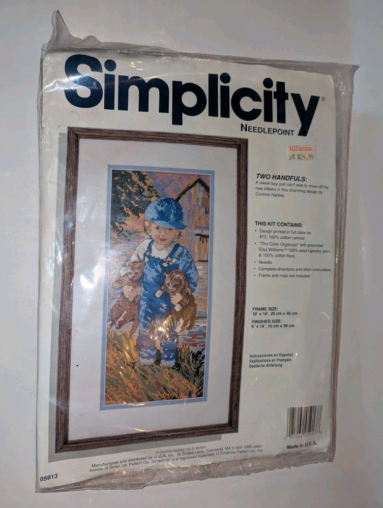 Simplicity Needlepoint #05913 Kit TWO HANDFULS Young Boy w/Kittens - New