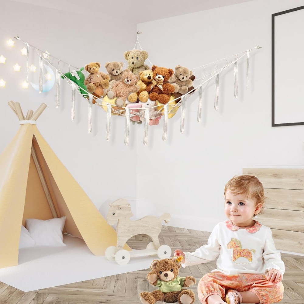 Large Stuffed Animal Storage Hammock Corner Beige Net