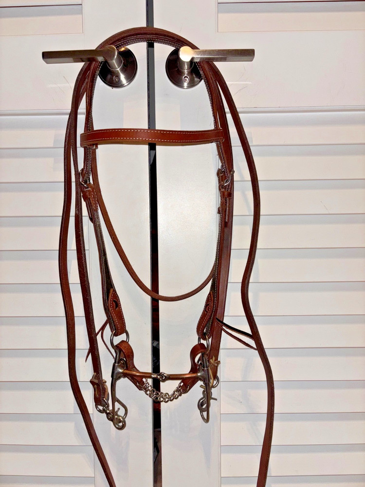 New Double Stitched Western Horse Bridle W/ Reinsman Snaffle Bit & Split Reins