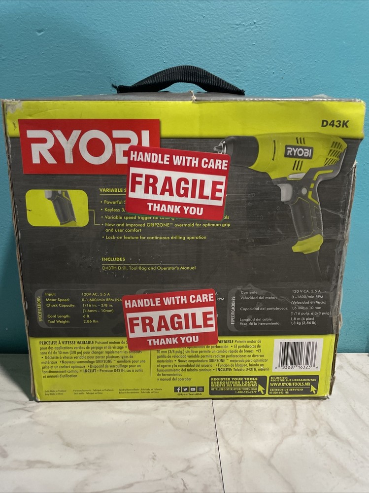 Ryobi Compact Variable Speed Drill 3/8"5.5 Amp Corded Variable Speed Bag D43K