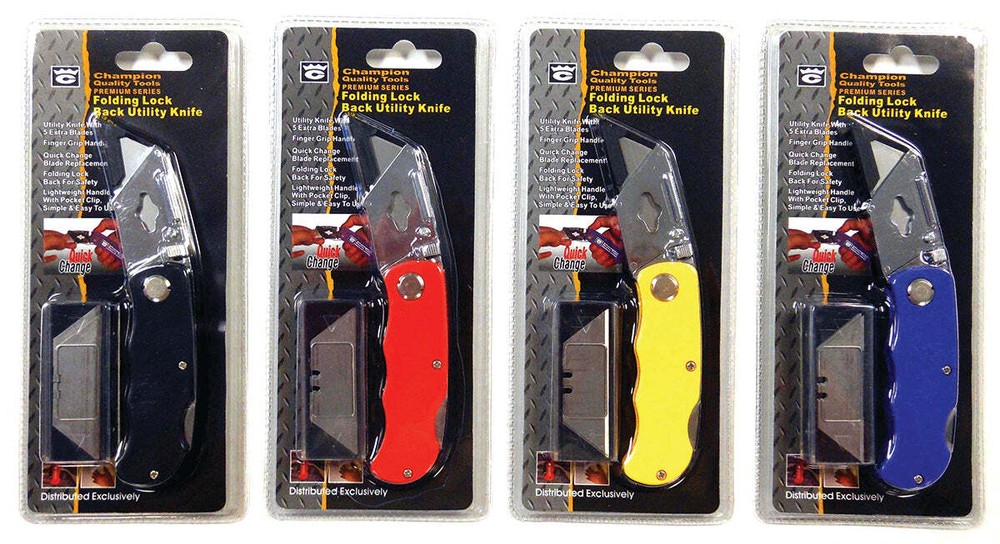 Folding Lock Back Utility Knife with 5 Extra Blades, Assorted Colors (1-Pack)