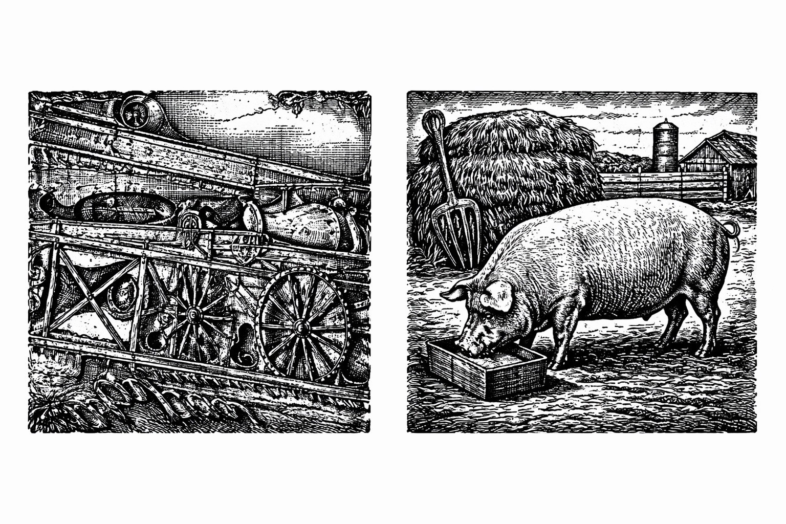 Pair Antique Letterpress Metal Printing Plates Farm Scene Industrial Machinery