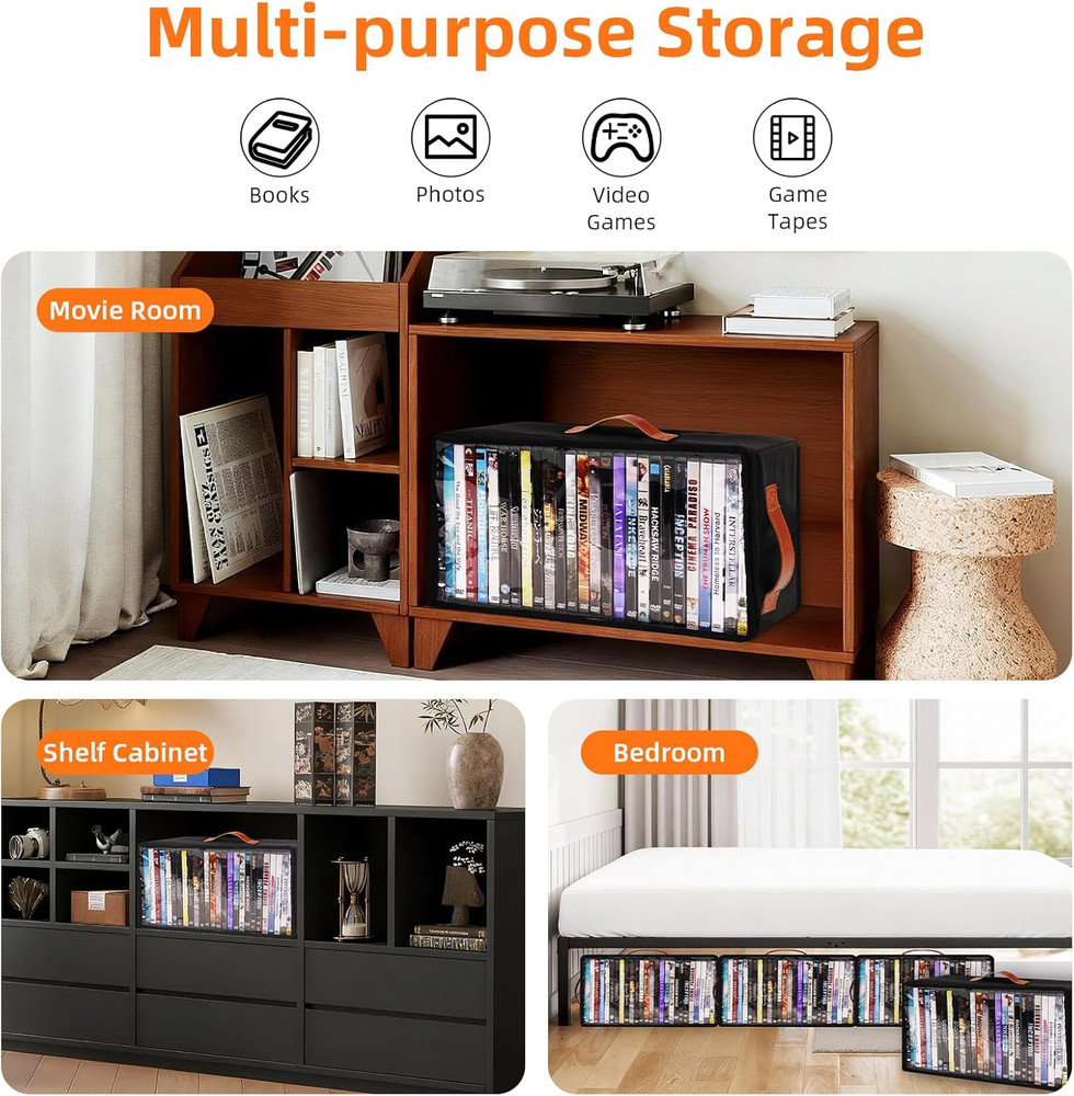 4 Pack DVD Storage Box, Stackable Oxford Fabric DVD Cases Holder with Front Zipp