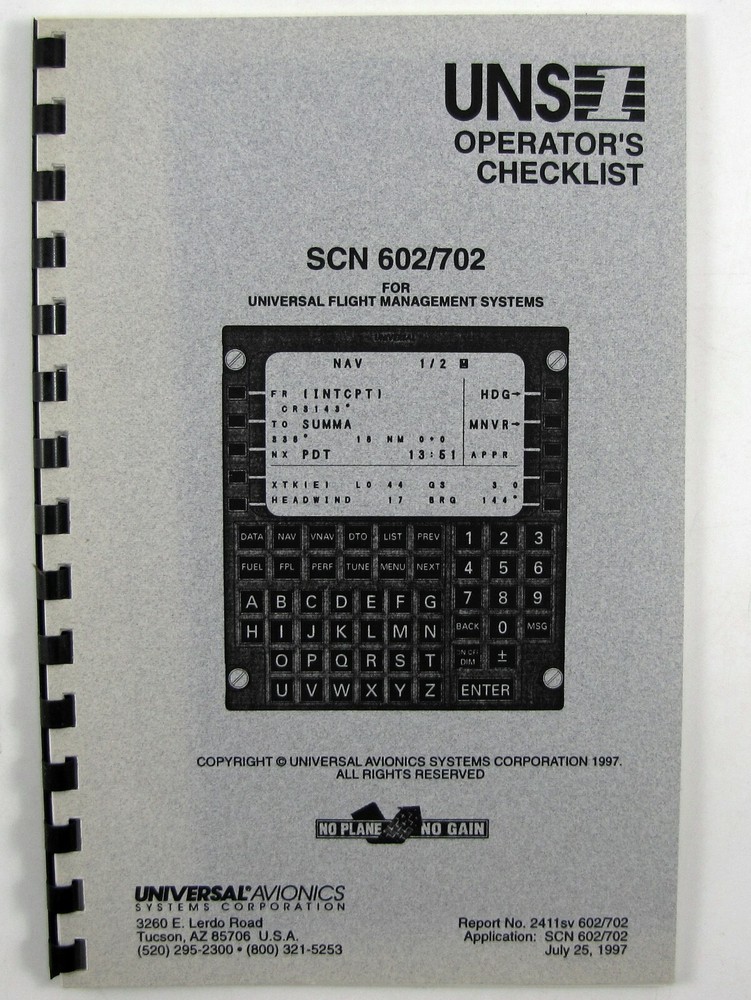 Universal Avionics 1997 UNS1 SCN 602/702 Operators Checklist