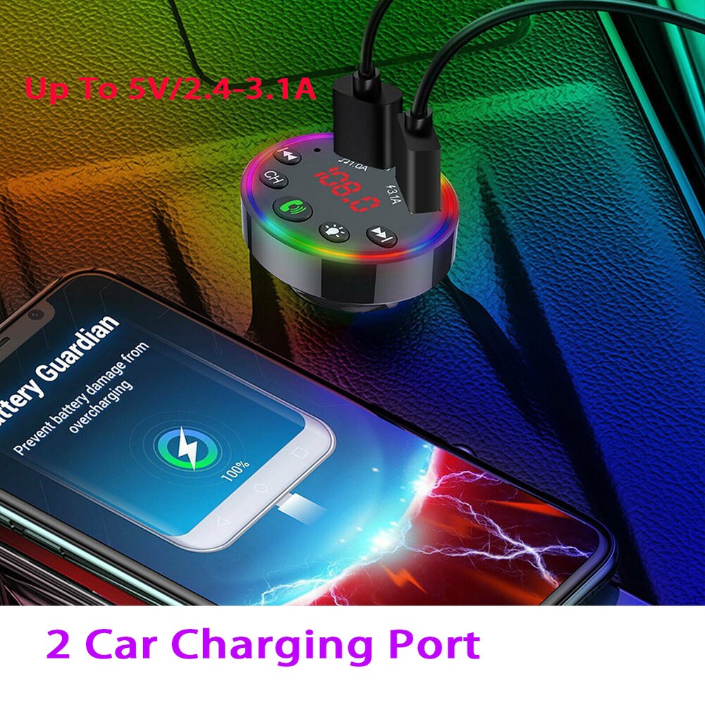 Bluetooth Car FM Transmitter Wireless Adapter Dual USB Charger Colorful Lights