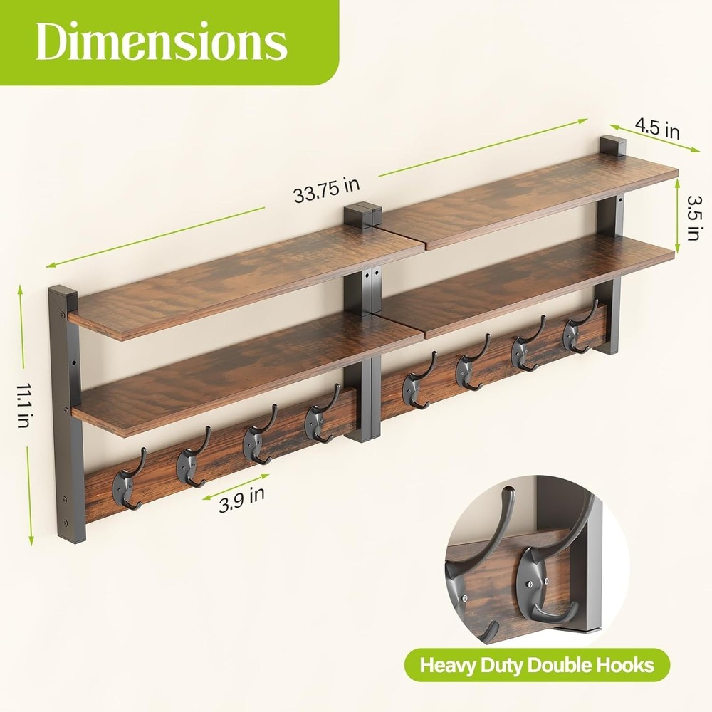 2 Tier Coat Rack Wall Mount with Shelf 33" Hooks Entryway 2 Pack