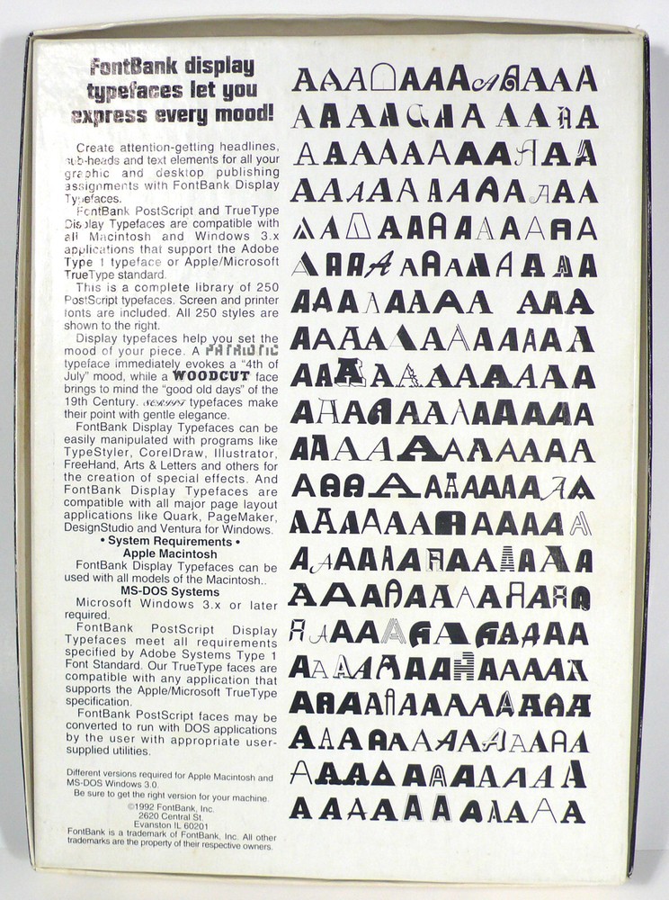 250 FontBank Display Typefaces Postscript For Macintosh on 3.5" Floppy Disks