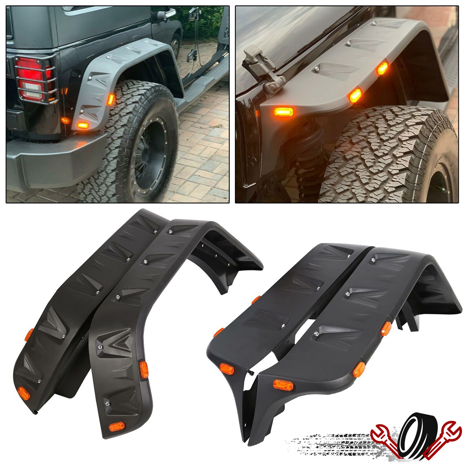 FOR 07-18 JEEP WRANGLER JK 4PCS POCKET-RIVETED STYLE WHEEL FENDER FLARES W/ LED