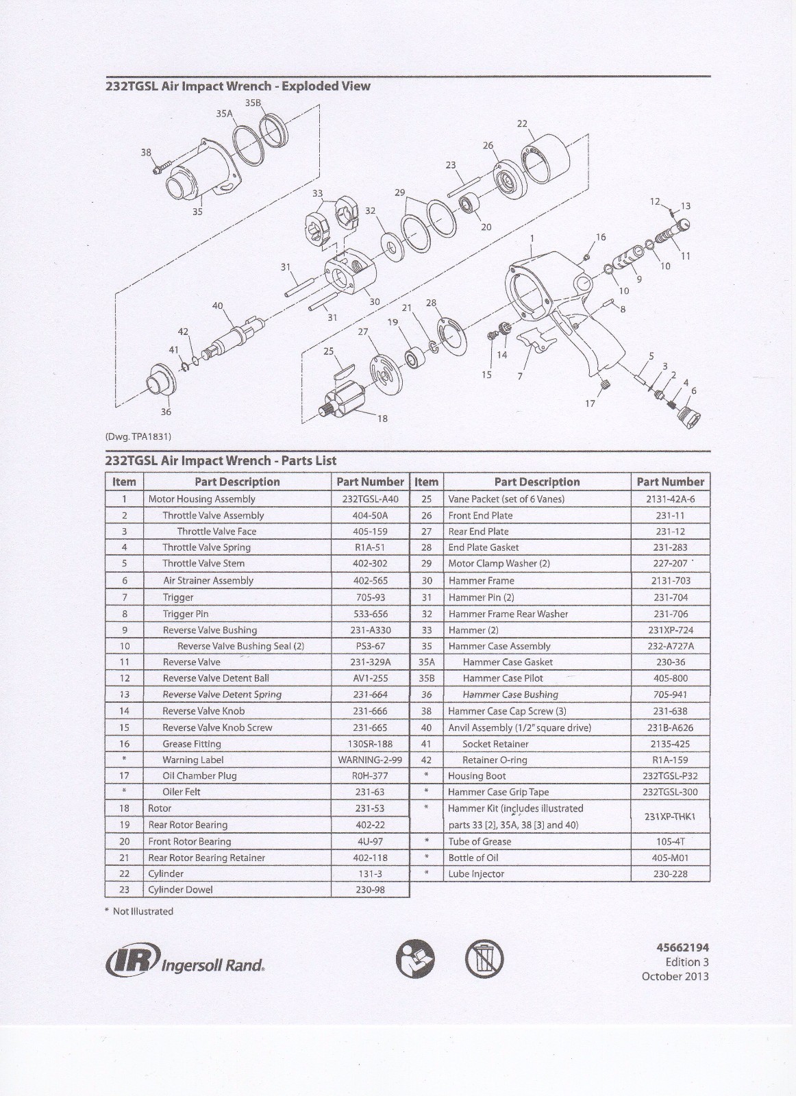 IR 231-TK3 TUNE UP KIT - IR 231 / IR 231C 1/2” IMPACT REPAIR PARTS 232THUNDERGUN