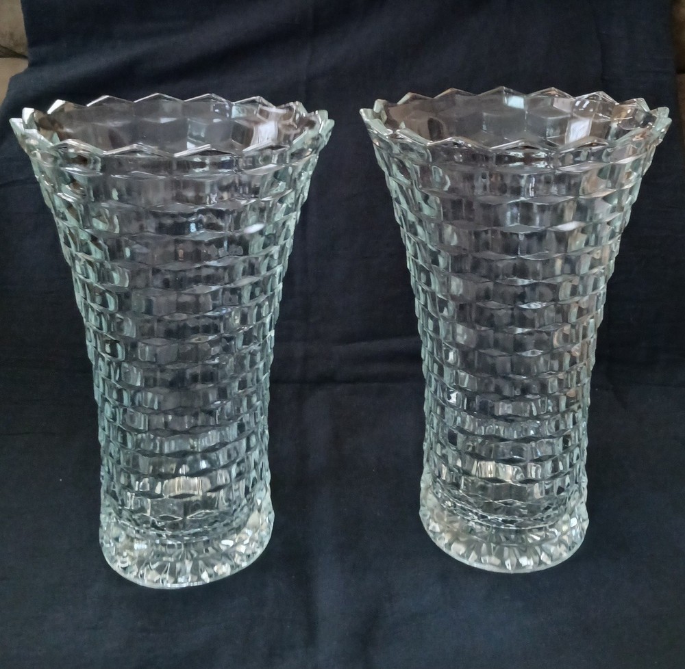 Pair of 10” Flared Top Clear Vases Whitehall pattern By Colony