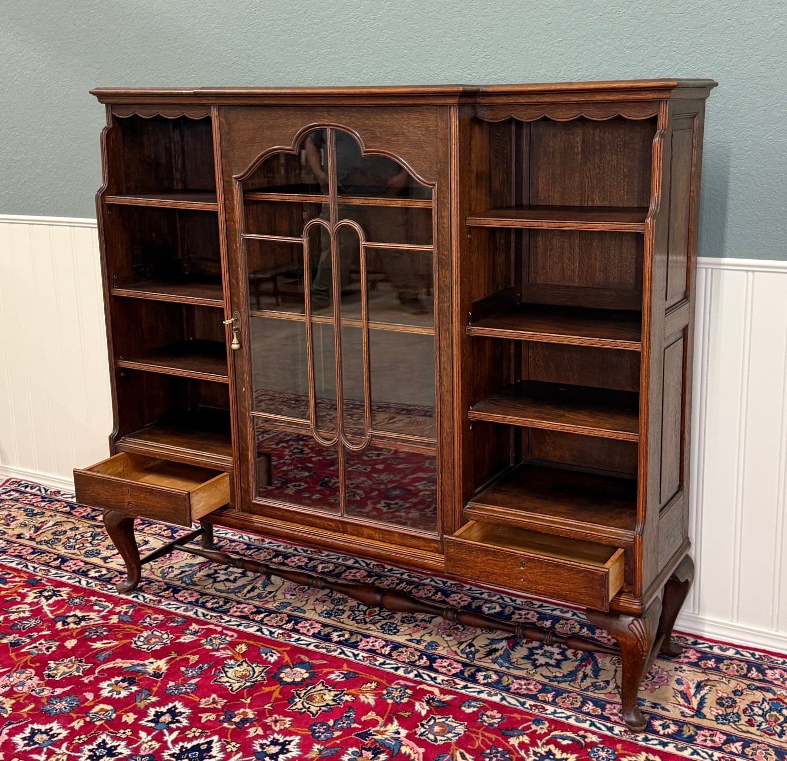 Antique English Bookcase Bookshelf Cabinet Glass Oak Queen Anne Legs 1920s-30s