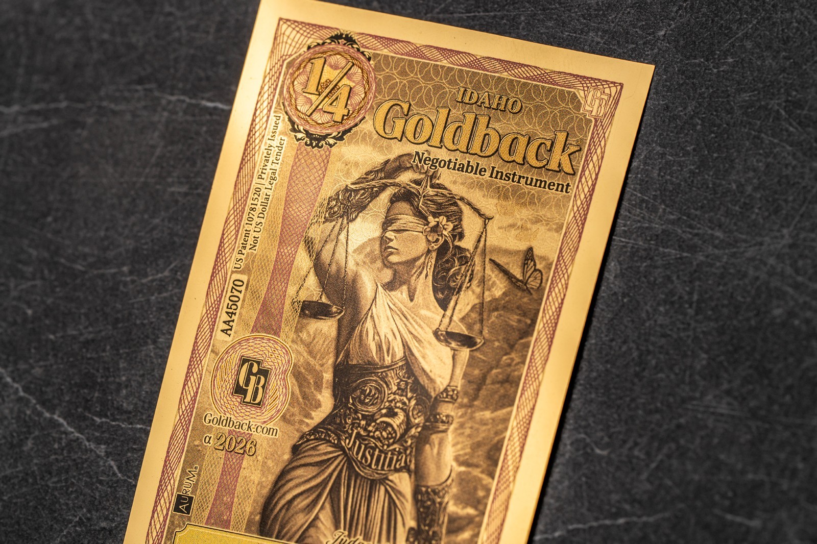 2026 - 1/4 IDAHO Goldback Aurum Gold Foil Note 1/4000 oz 24kt .999 Fine PRESALE