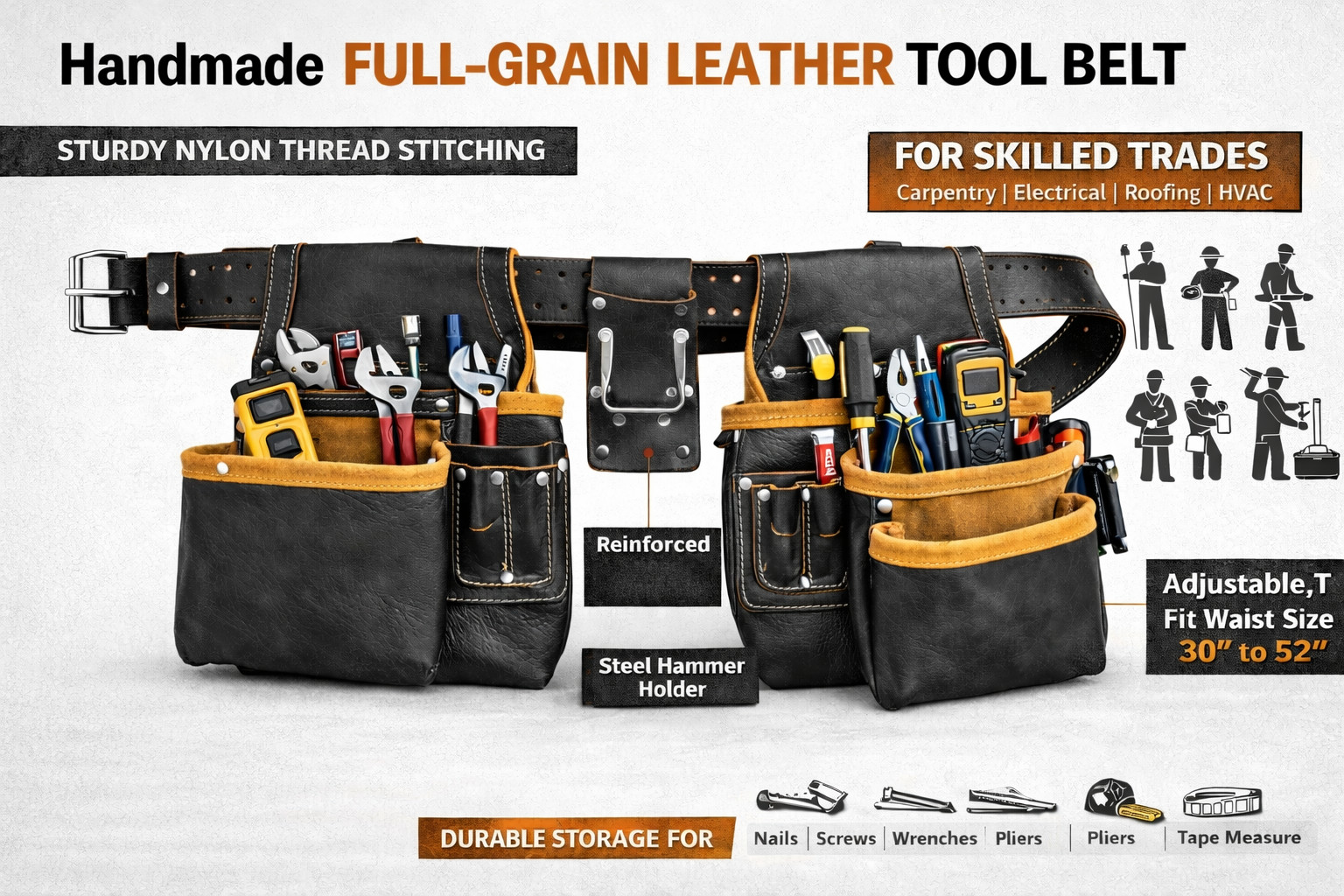 Full Grain Leather tool belts for men, Heavy-duty Carpenter Tool Rig organizer