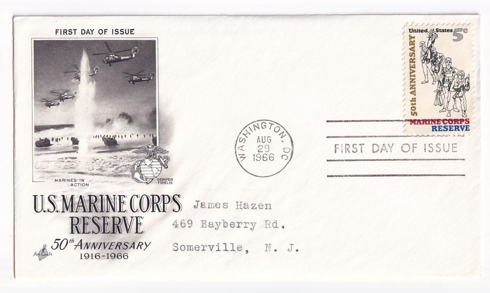 STAMP US SCOTT 1315 "Marine Corps Reserve" 5 CENT 1966 FDC - D