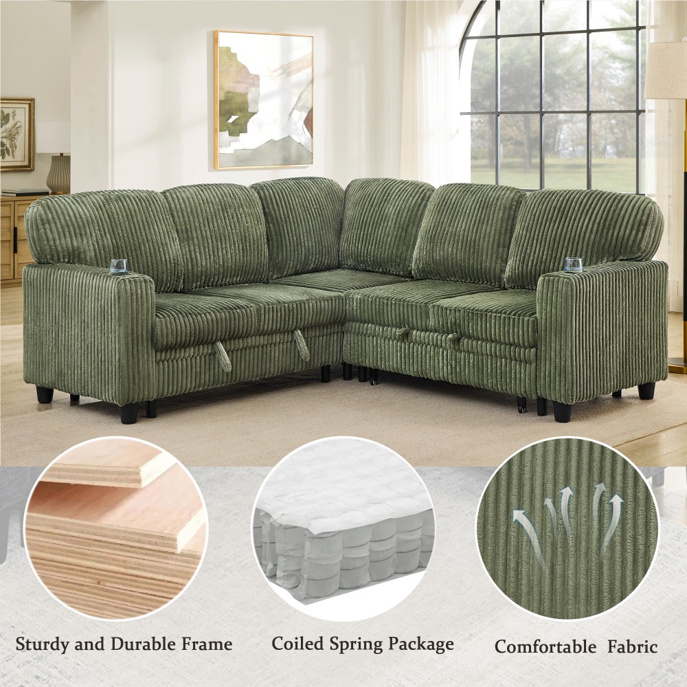 L-Shaped Sofa Bed w/ Pull-Out Sleeper & USB/Type-C, Corduroy, Olive Green