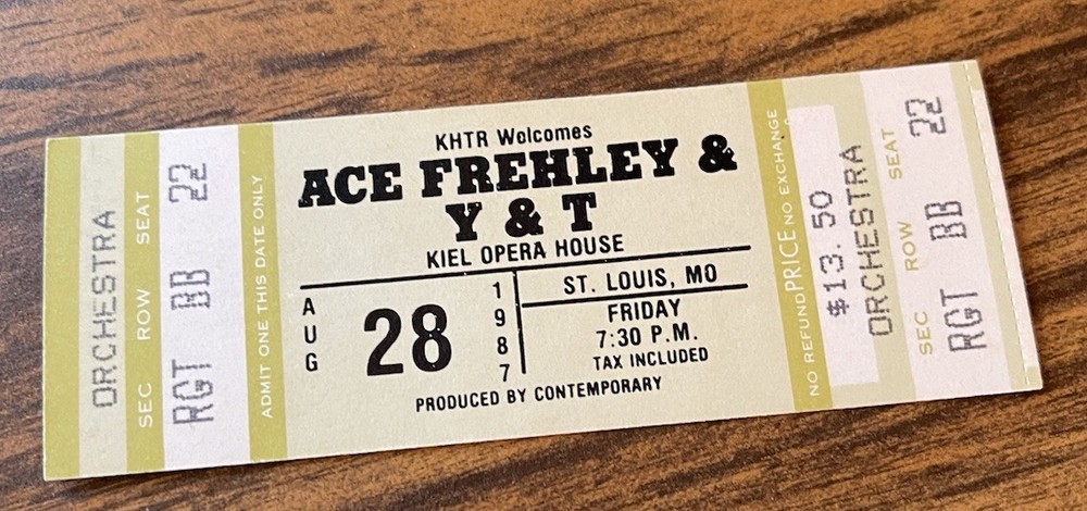 ACE FREHLEY OF KISS/Y&T RARE UNUSED ORCHESTRA CONCERT TICKET ST. LOUIS 8/28/1987