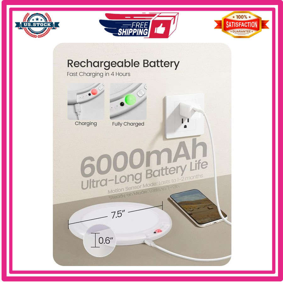 Rechargeable Motion Sensor Ceiling Light Wireless Dimmable Remote 3 Color