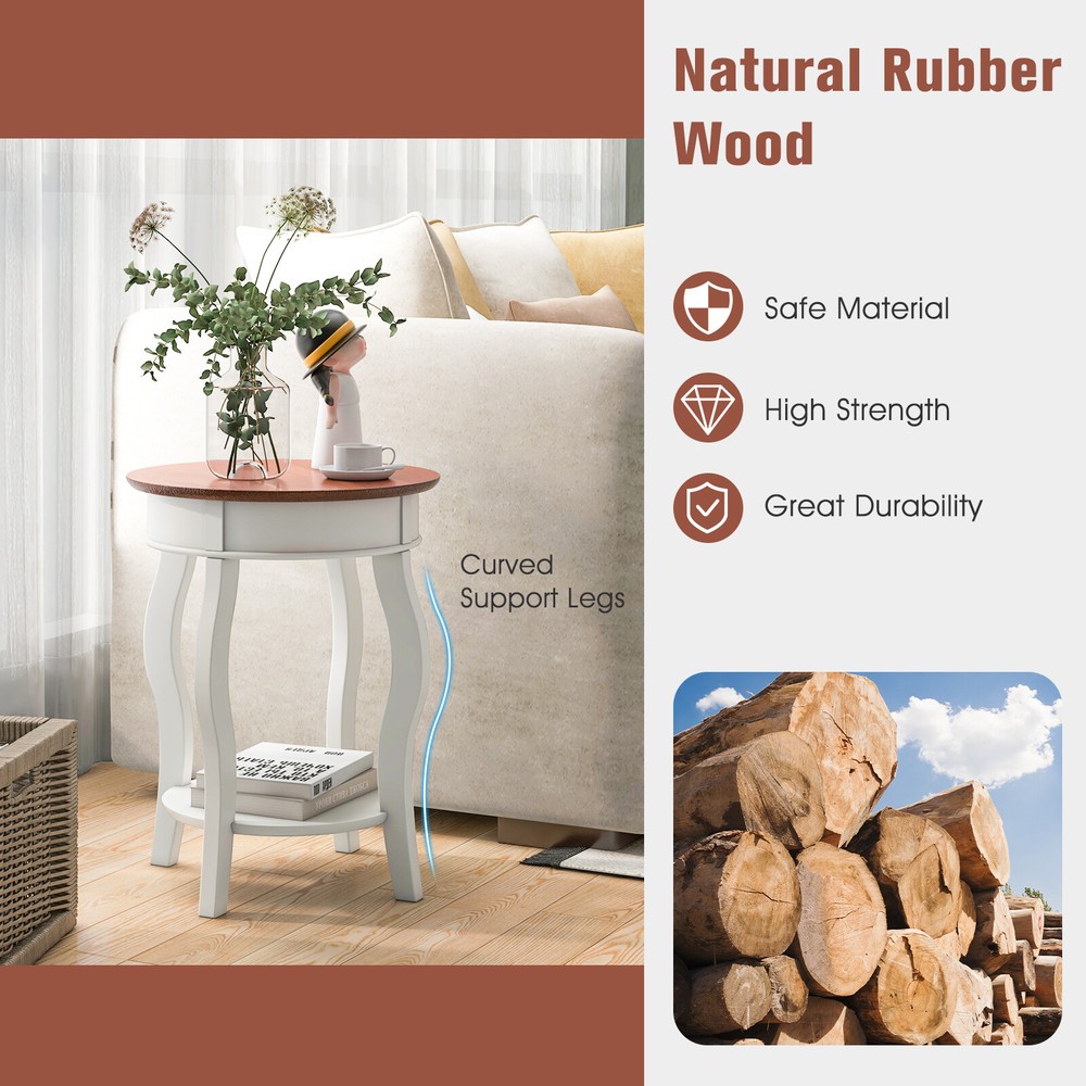 2-Tier Round End Table 17.5" Sofa Side Table with Storage Shelf White & Walnut