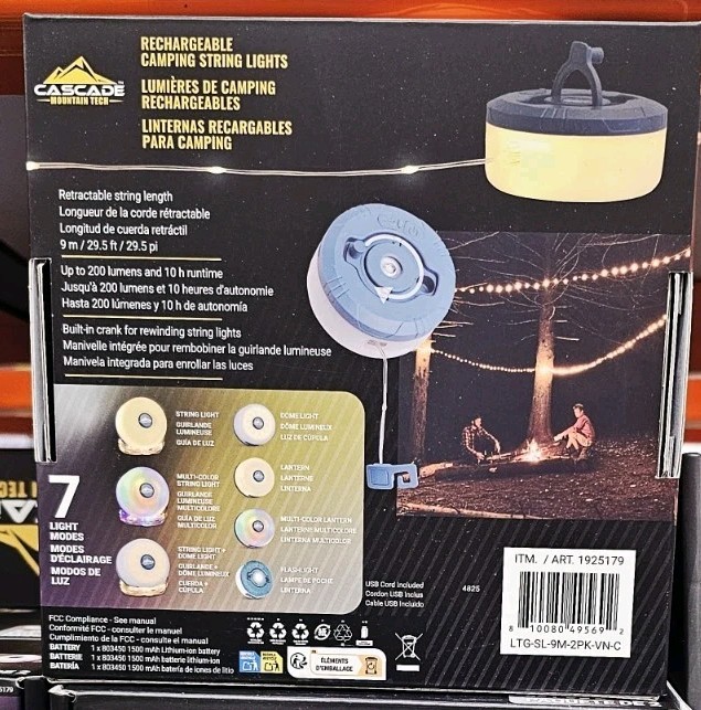 Cascade Mountain Tech Rechargeable Camping String Lights 7 Modes 200 Lumens New