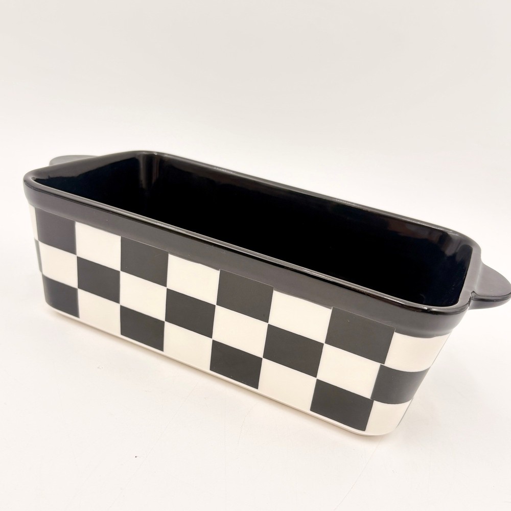 Black and White Checkered Ceramic Loaf Pan Rectangular Baking Dish Courtly Check