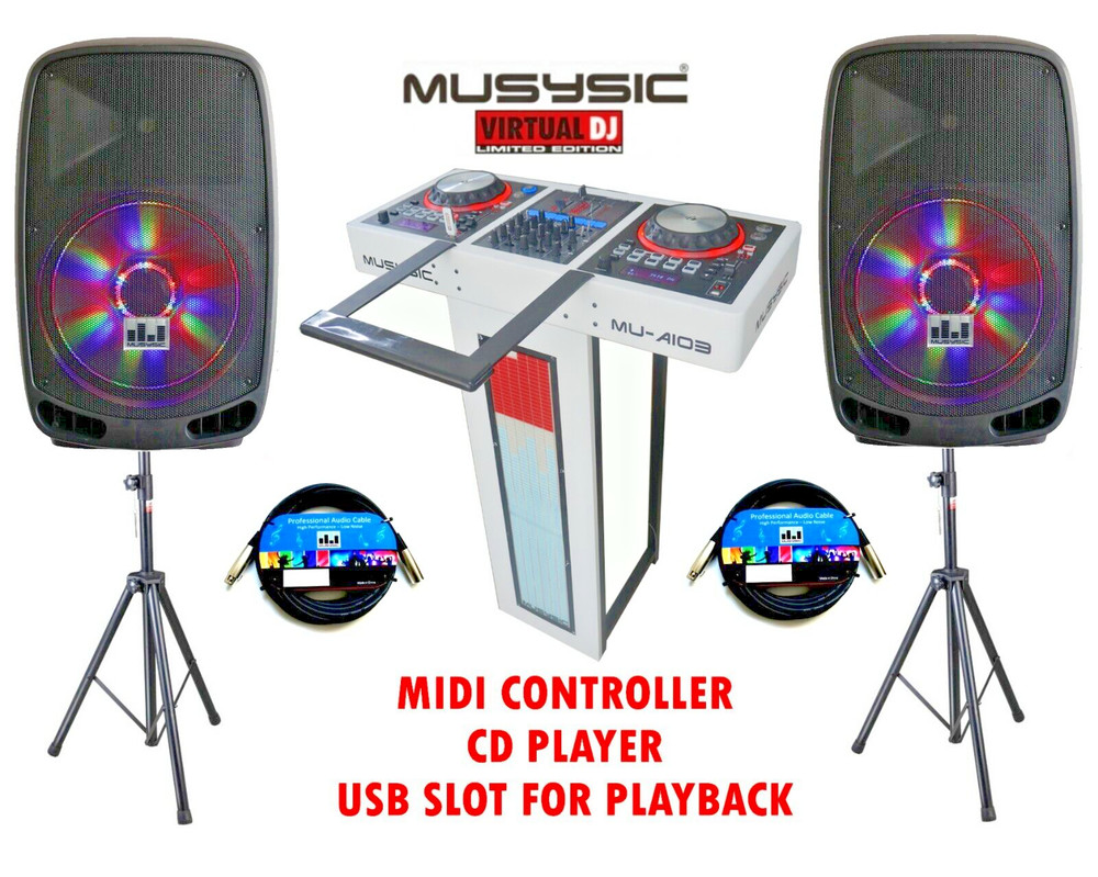 MUSYSIC Complete DJ System 4000W MIDI Controller CD USB Active 15" Speakers